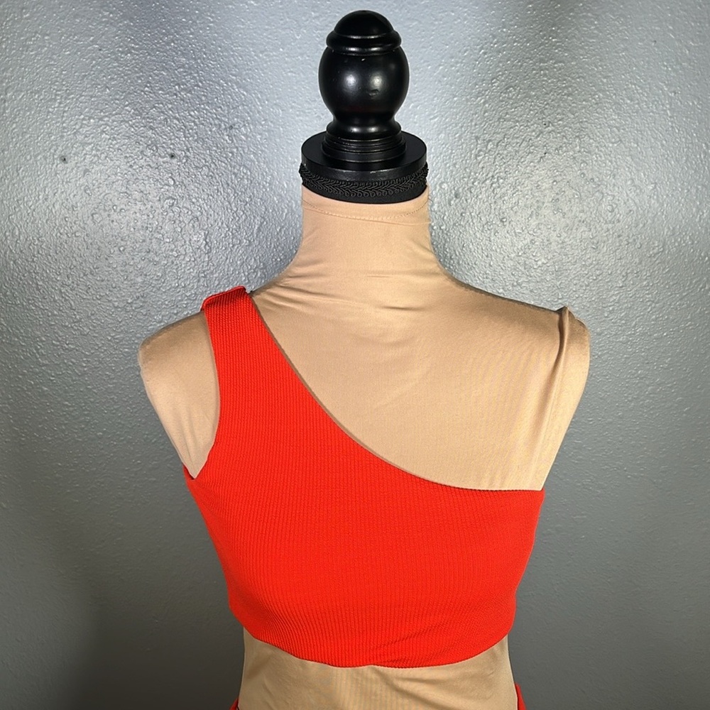 Orange ribbed one shoulder cheeky bikini swimsuit M | euro summer asymmetrical - Picture 4 of 7